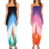 Sexy Strapless Backless Slit Hem Color Gradient Party Dress
