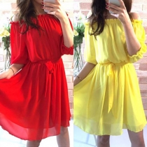 Sexy Slash Neck Half Sleeve Solid Color Chiffon Dress