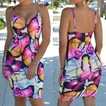 Sexy Backless Deep V-neck Slim Fit Printed Sling Dress