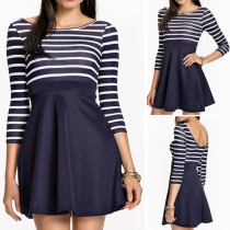 Sexy Backless Striped Spliced 3/4 Sleeve High Waist Dress