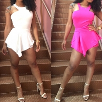 Sexy Backless Irregular Hem Solid Color Rompers