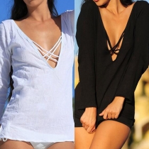 Sexy Deep V-neck Long Sleeve Solid Color T-shirt