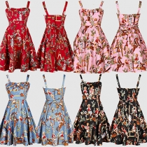 Retro Style Floral Print High Waist Sling Dress