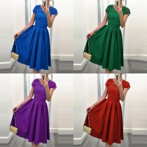 Sexy Backless Lace Spliced Short Sleeve High Waist Dress