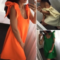 Sexy Backless U-neck Bowknot Solid Color Dress