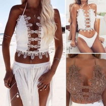 Sexy Backless Deep V-neck Sequin Spliced Cami Tops