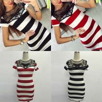 Sexy Gauze Spliced Short Sleeve Slim Fit Striped Dress