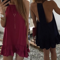 Sexy Backless Flouncing Hem Solid Color Sling Dress