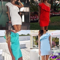 Sexy One-shoulder Flouncing Solid Color Slim Fit Dress