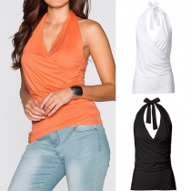 Sexy Backless Deep V-neck Solid Color Lace-up Tops 