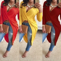 Sexy Deep V-neck Irregular Hem Long Sleeve Solid Color Tops