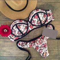 Sexy Floral Print Push-up Bandeau Bikini Set