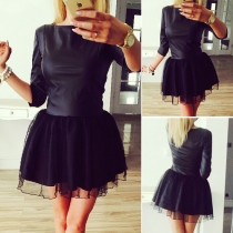 Fashion PU Leather Spliced 3/4 Sleeve Round Neck Dress