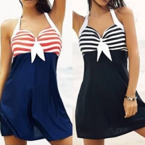 Sexy Backless Striped Spliced Halter Dress