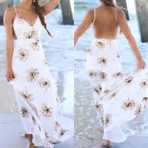 Sexy Backless V-neck Printed Sling Maxi Dress