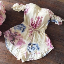 Sexy Lace Spliced Slash Neck Gathered Waist Printed Rompers