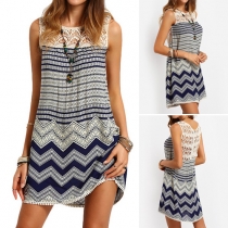 Fashion Lace Spliced Sleeveless Round Neck Printed Dress