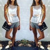 Sexy Gauze Spliced Sleeveless Round Neck Tops