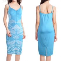 Sexy Backless V-neck Slit Hem Slim Fit Printed Sling Dress