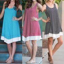 Fashion Sleeveless U-neck Irregular Hem Striped Dress