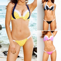 Sexy Contrast Color Lace Spliced Dots Printed Halter Bikini Set