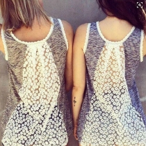 Casual Hollow Out Lace Spliced Sleeveless Tops