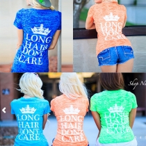 Sweet V-neck Crown Letters Printed Short Sleeves T-shirt