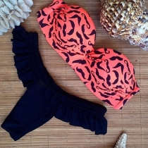 Sexy Moustache Printed Bandeau and Ruffle Briefs Bikini Set