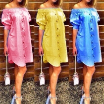 Sweet Solid Color Off Shoulder Buttons Down Front Dress