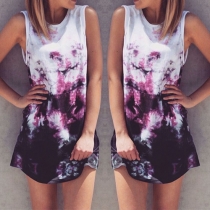 Popular Style Round Neck Flowers Printed Sleeveless Dress