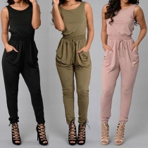 Vogue Round Neck Sleeveless Drawstring Waist Croessed Back Jumpsuit