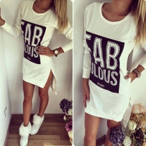 Casual Style Round Neck Letters Printed Split Hem Dress