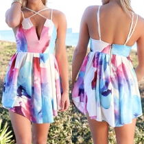 Sexy Backless Deep V-neck Printed Sling Dress