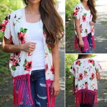 Fashion Printed Short Sleeve Tassel Hem Shawl Cardigan