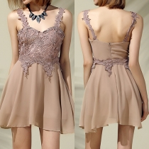 Sexy V-neck Sleeveless Backless Lace Spliced Sling Dress