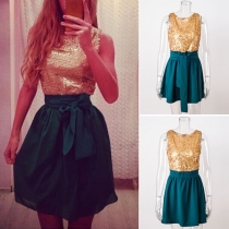 Nobby Gold Sequin Round Neck Sleeveless Gathered Waist Dress