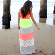 Sweet Round Neck Sleeveless Contrast Color Lace Spliced Fitted Maxi Dress