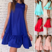 Fashion Solid Color Sleeveless Round Neck Flouncing Hem Dress