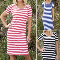 Fashion Short Sleeve Round Neck Slim Fit Striped Dress