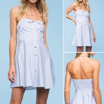Fashion Solid Color Off Shoulder Buttons Down Striped Dress