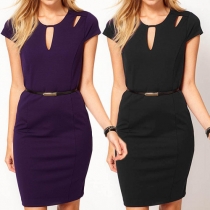 Sexy Solid Color Round Neck Hollow Out Slim-fitting Dress