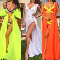 Vogue Solid Color Chiffon Drawstring Waist Sun Protection Maxi Dress