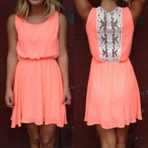 Sweet Round Neck Sleeveless Lace Spliced Elastic Waist Dress