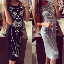Fashion Style Round Neck Cat Printed Short Sleeves Dress