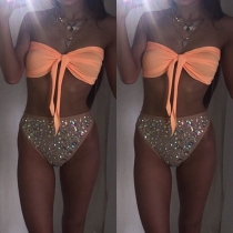 Sexy Bowknot Bandeau Bra + Rhinestone Briefs Bikini Set