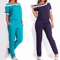 Fashion Lace Spliced Round Neck Short Sleeve Jumpsuits