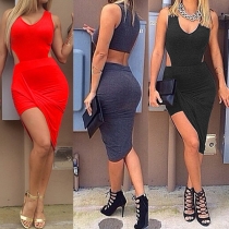 Sexy Hollow Out High Waist Sleeveless Irregular Hem Bodycon Dress
