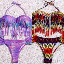 Sexy Tassel Striped Halter Bikini Set