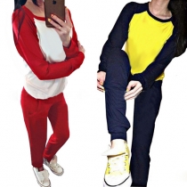 Fashion Contrast Color Long Sleeve Round Neck Sports Suit
