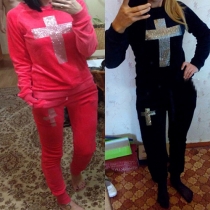 Fashion Rhinestone Cross Long Sleeve Round Neck Sports Suit